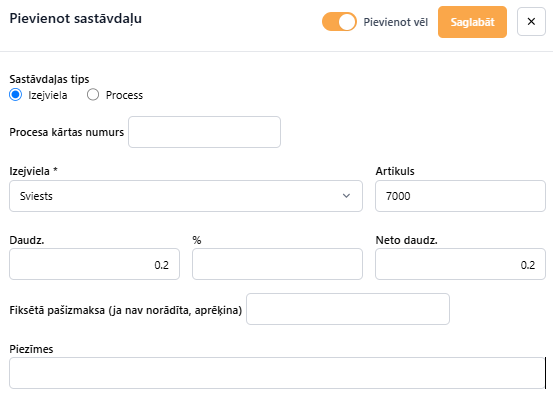 Pievienot izejvielu