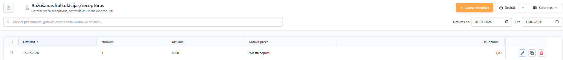 Ražošanas kalkulācijas saraksts