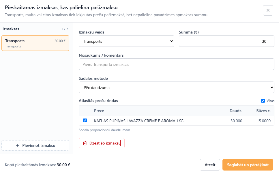 Pieskaitāmo izmaksu ievades logs