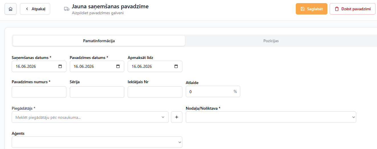 Jaunas pavadzīmes ievadīšana