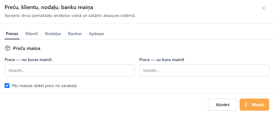 Preču, klientu, nodaļu, banku maiņa